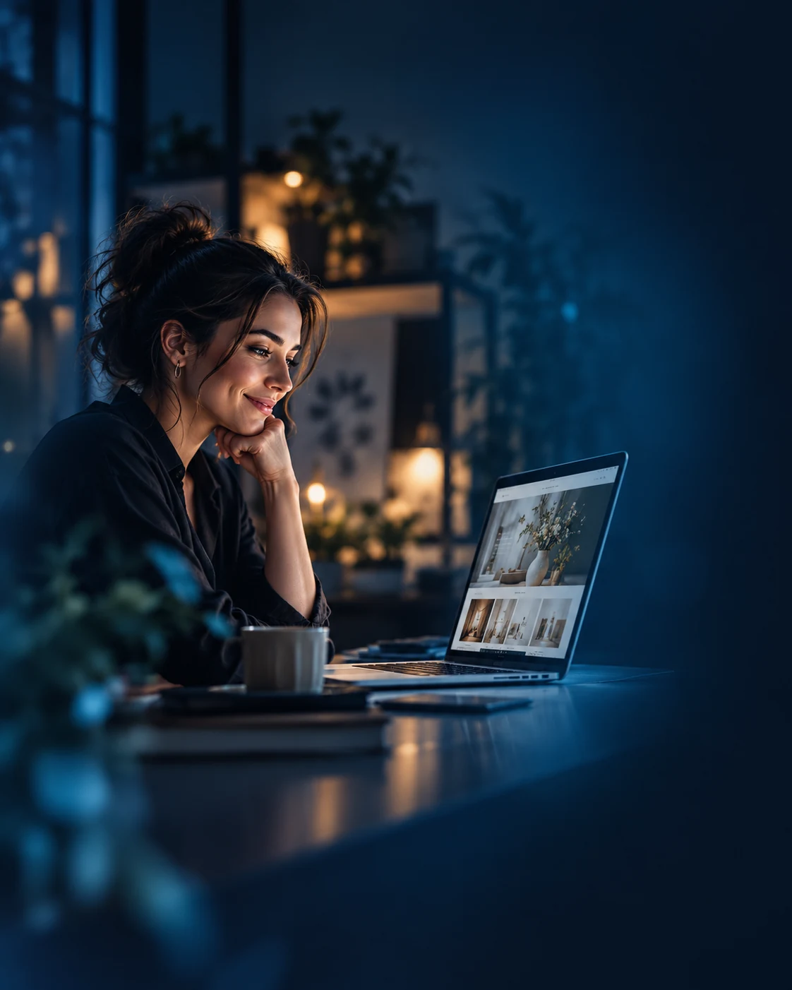 Persona creativa revisando un proyecto web en un estudio con iluminación azul