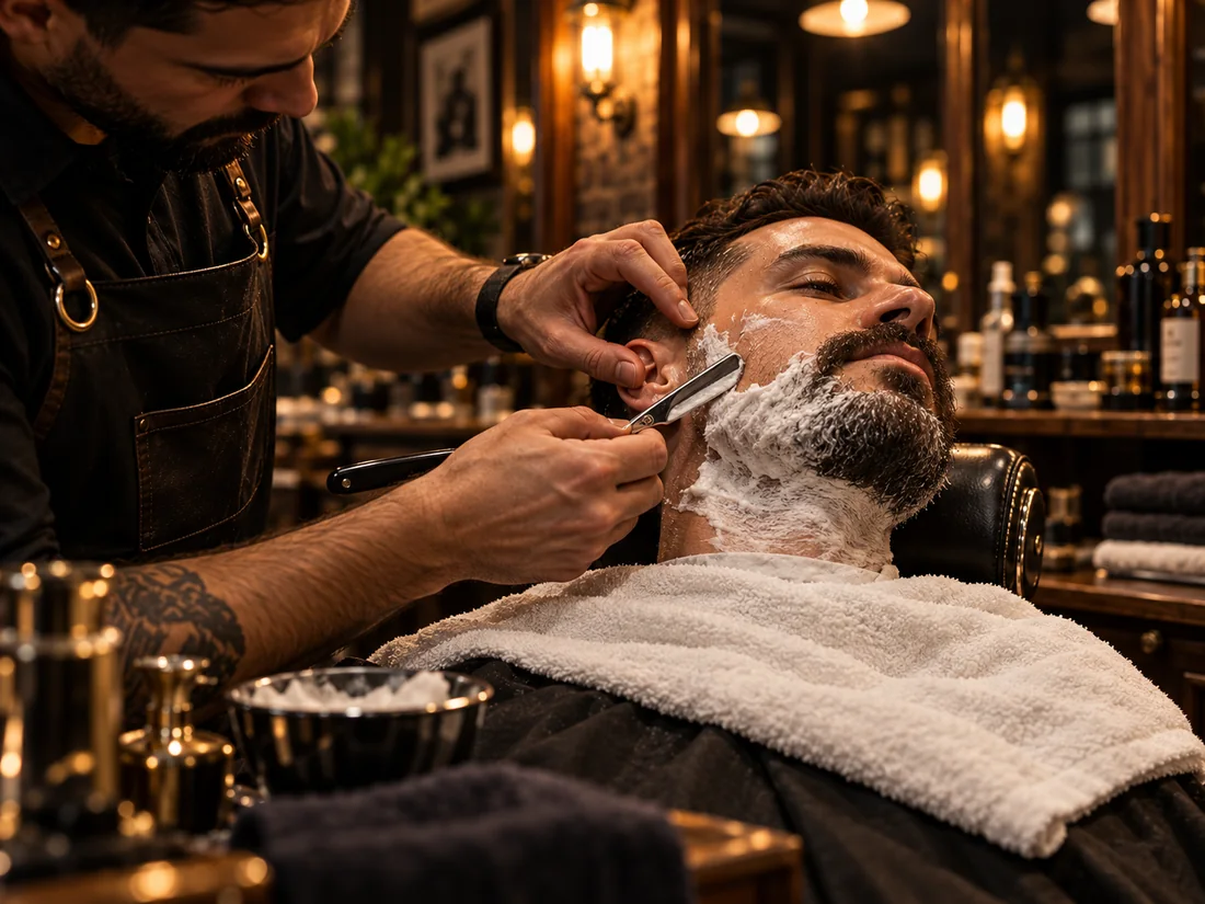 Barbero realizando un afeitado clásico con espuma