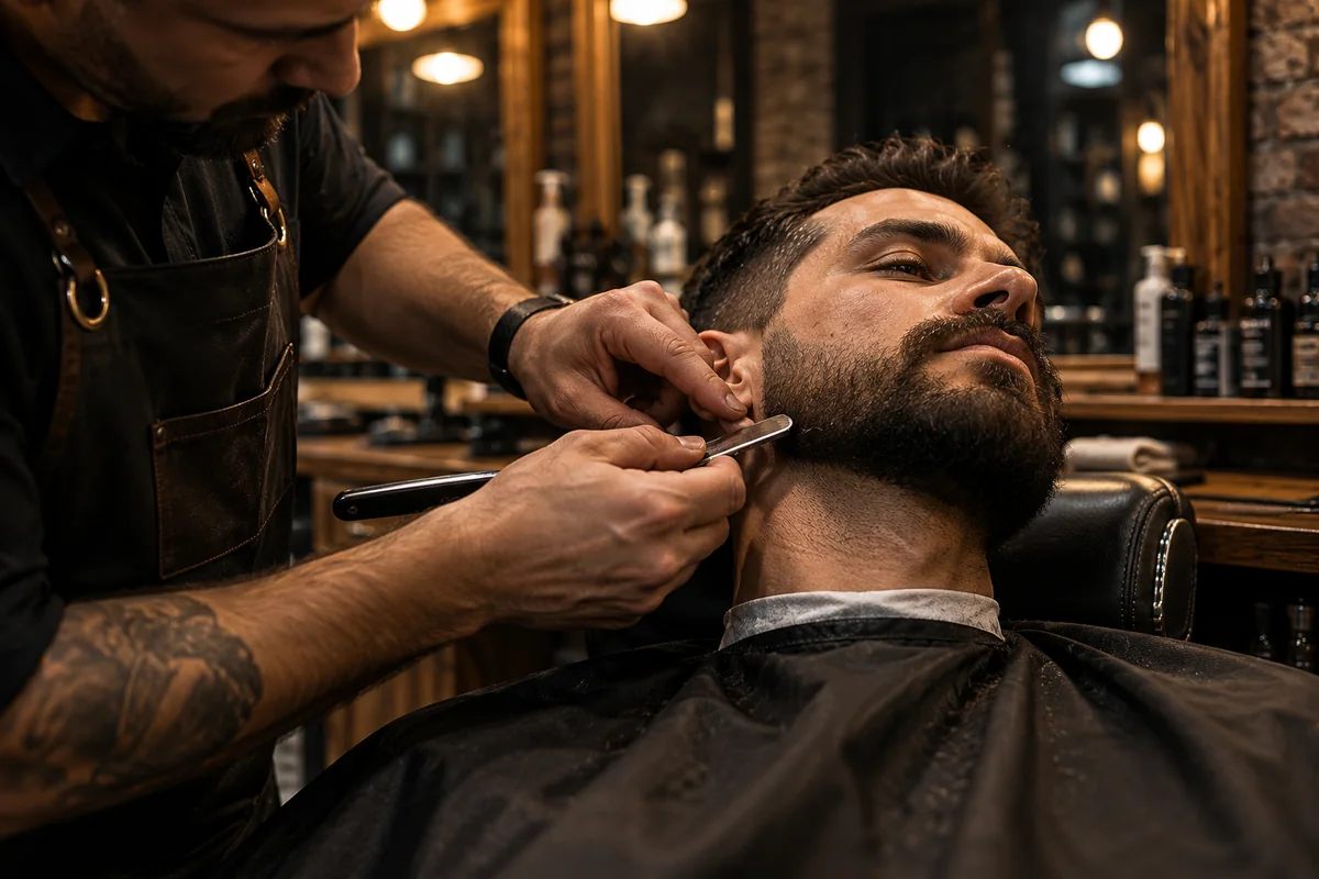 Barbero dando forma a la barba de un cliente
