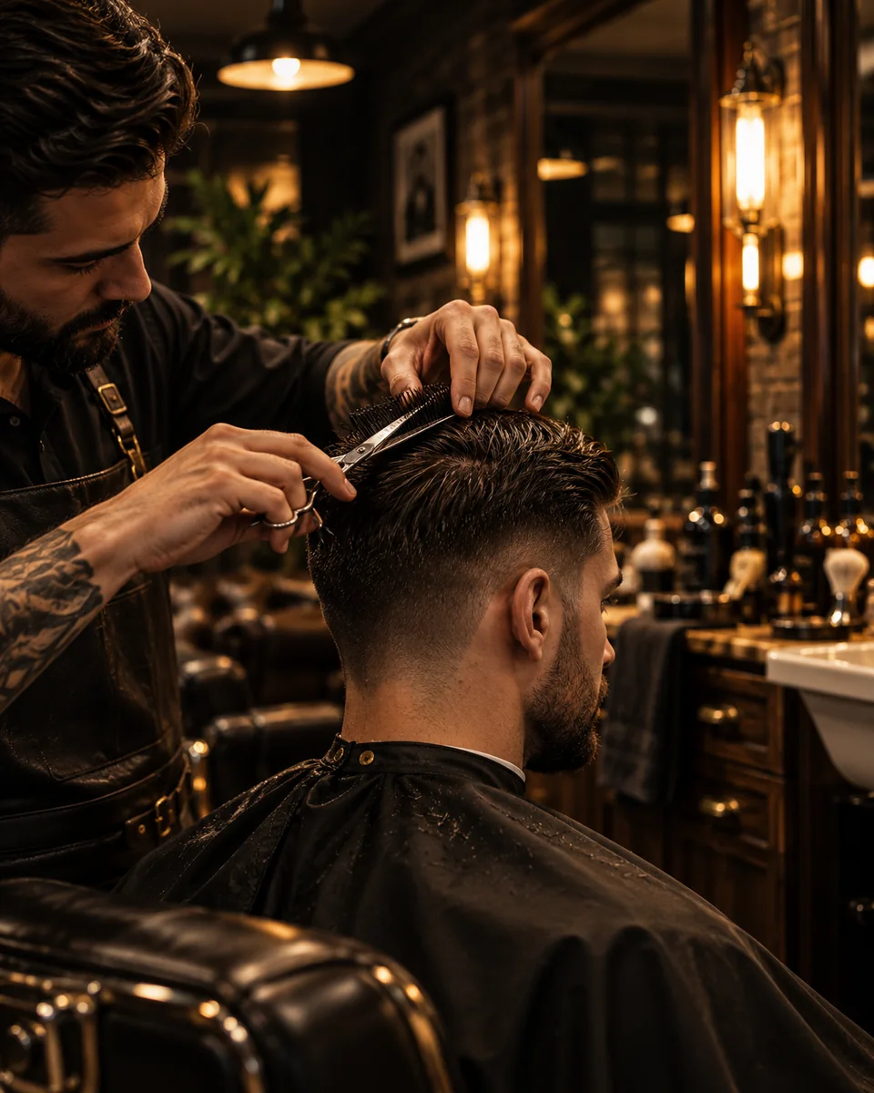 Barbero realizando un corte de cabello con tijeras