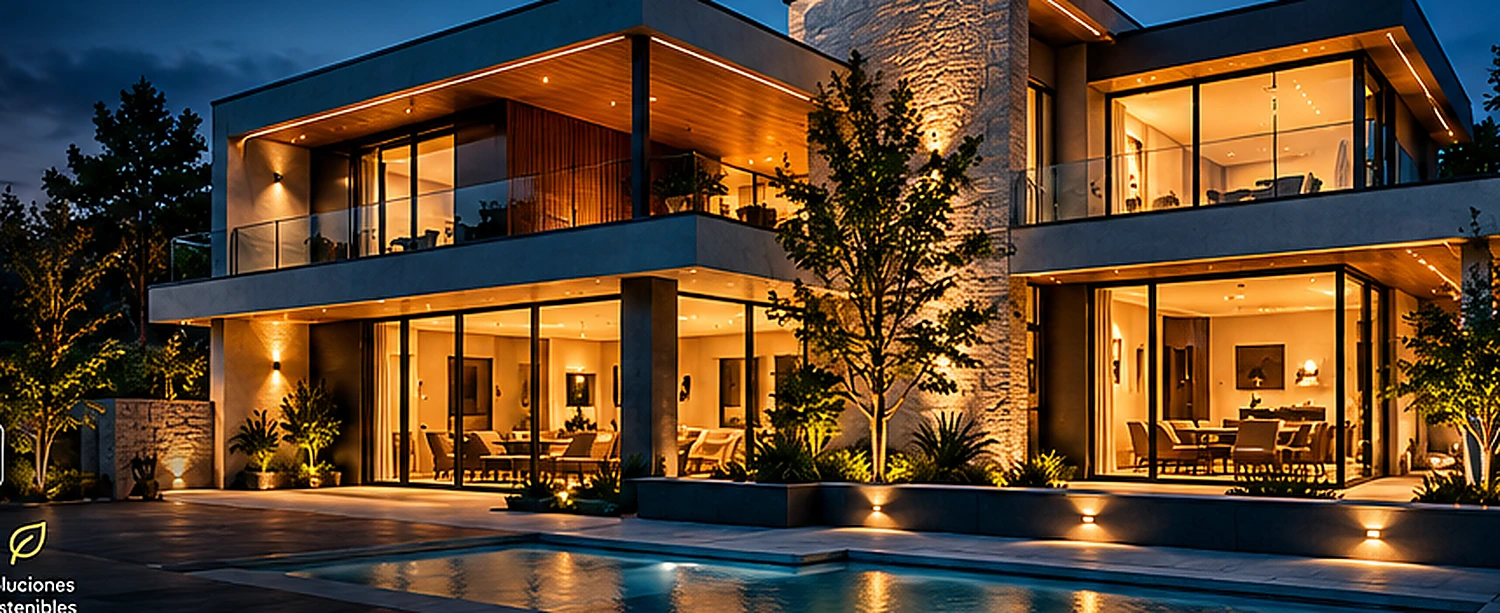 Casa contemporánea iluminada al atardecer